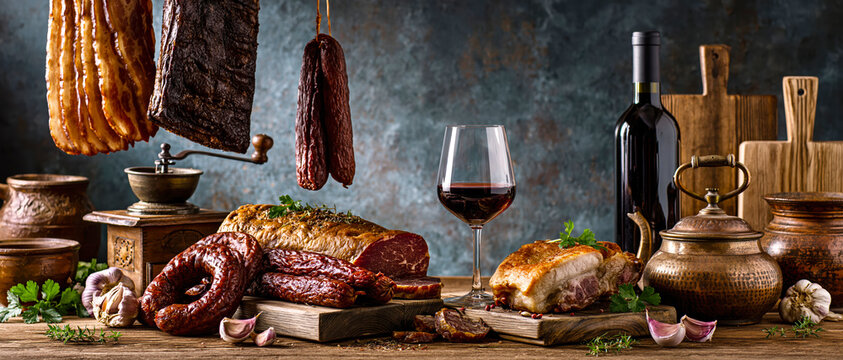 Rustic Smoked Meat and Sausage Still Life &ndash; AI Generative