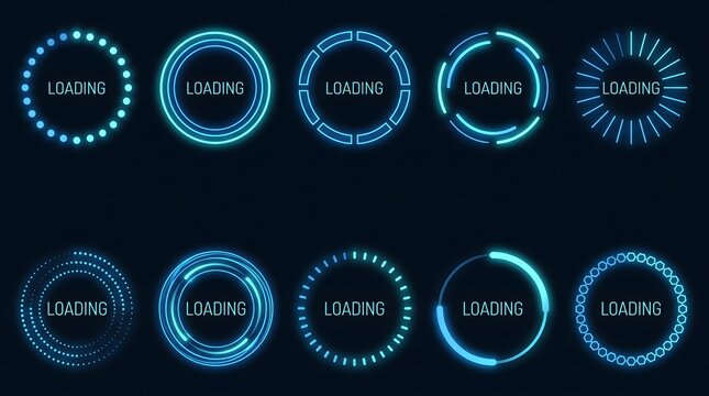 Collection of futuristic blue loading icons with digital interface elements