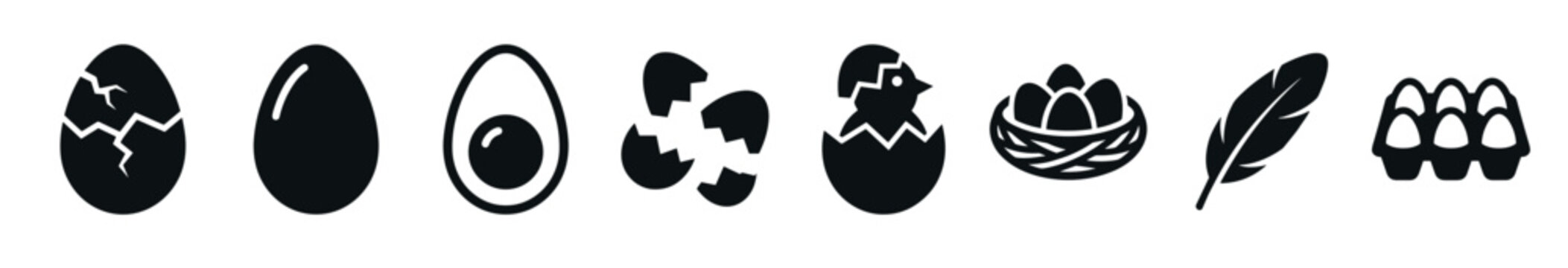 Egg icons illustrate various stages of development, including cracked, whole, broken shells, a hatched chick, nest, feather, and carton.