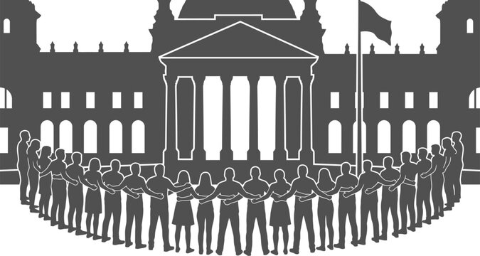 Silhouette of a human chain holding hands in front of a government building vector art illustration