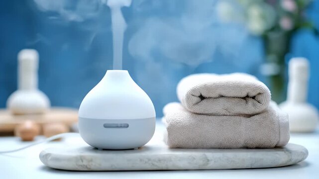 Essential oil diffuser releasing mist with folded towels in a spa wellness room