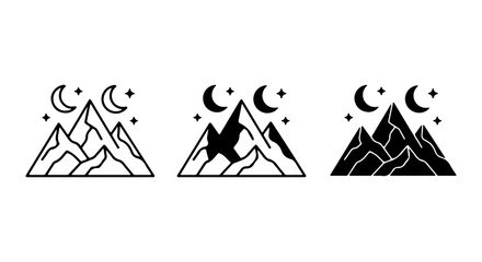 Minimalist Mountain Icons, Night Sky Set, Vector Graphics for Adventure and Nature Themes © FARIAAkTER