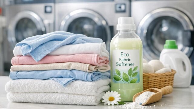 A laundry room setup showcasing eco-friendly cleaning products for washing clothes. The includes a bottle of eco-friendly detergent next to a pile of folded towels.