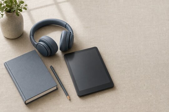 Blank reader device headphones notebook and pencil for remote learning preparation on neutral copy space