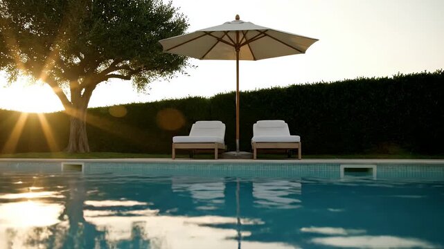 Sun loungers by a swimming pool with a parasol at sunset in a luxury garden area