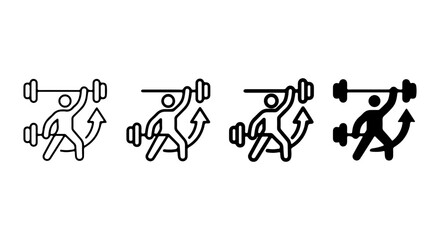 Obraz premium Weightlifting Icon Set, Fitness Man Lifting Barbell, Strength Training Vector Graphics, Workout Silhouette