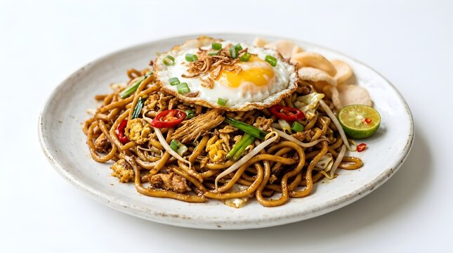 Authentic Indonesian Mie Goreng Stir Fried Noodles with Sunny Side Up Egg and Crackers