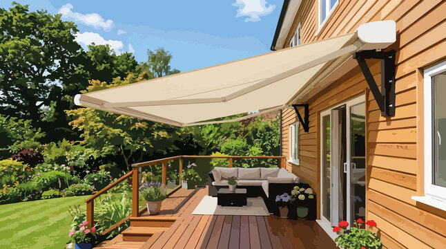 Retractable awning installed with black metal brackets on timber cladding. Beige sun canopy shading a wooden deck and patio furniture