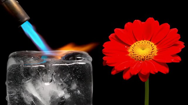 Torch flame melting ice cube beside a vibrant red gerbera flower on black background