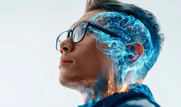 artificial intelligence concept with double exposure on a white background.
