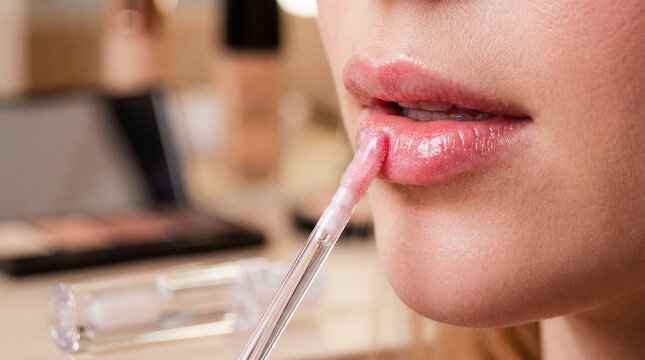 Lip plumping gloss application woman mouth beauty cosmetics fuller lips showing glossy enhancement concept for cosmetic product advertising makeup tutorials salon services and personal care campaigns