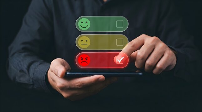 Person Giving Bad Feedback on Smartphone with Digital Rating Interface. Low Satisfaction and Negative Experience for Customer Service Complaint