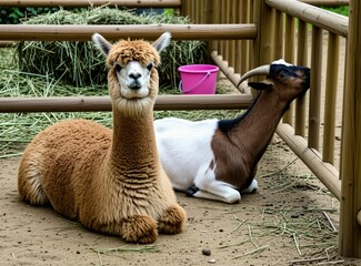 Fototapeta premium Brown fluffy alpaca, spotted goat sit in farm enclosure. Animals rest on sandy ground near wooden fence. Pink bucket, dry hay stacks visible in background. Domestic creatures spend time together in