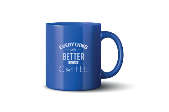 Vector 3d Realistic Blue Coffee Mug Mockup with Vintage Typography Print. Ceramic Cup for Branding and Merch Design. Realistic 3d Vector Illustration Isolated