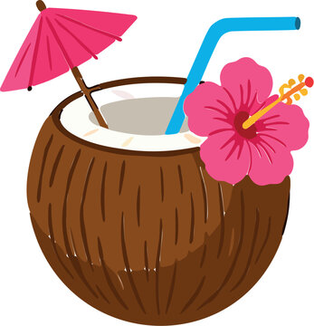 Refreshing coconut drink with a tropical hibiscus flower and umbrella