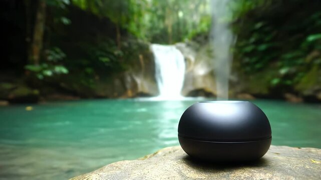 Essential oil diffuser releasing mist on a rock before a lush tropical waterfall