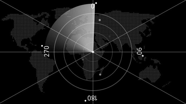 White Radar screen loop with scanning beam circular Grid. Radar scanning technology black background. Rotating radar scan world map radar screen animation. Seamless loop video.