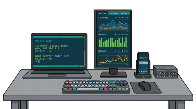 Network Monitoring and System Administration Workstation with Server Performance Dashboard Illustration