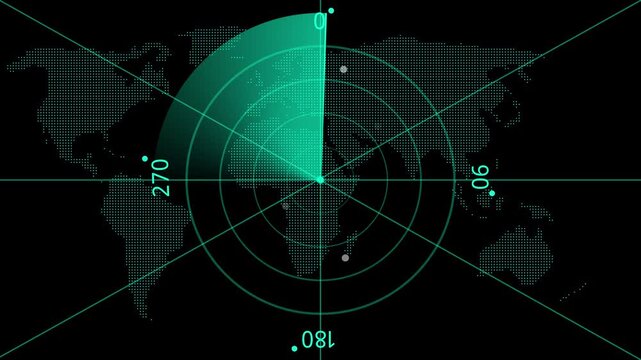 Sine Radar screen loop with scanning beam circular Grid. Radar scanning technology black background. Rotating radar scan world map radar screen animation. Seamless loop video.
