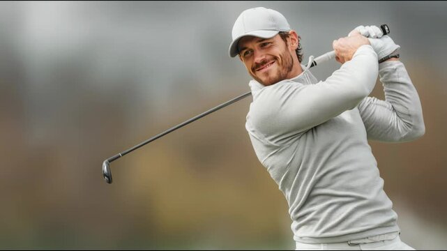 Confident young man playing golf and finishing his swing on a blurred green background