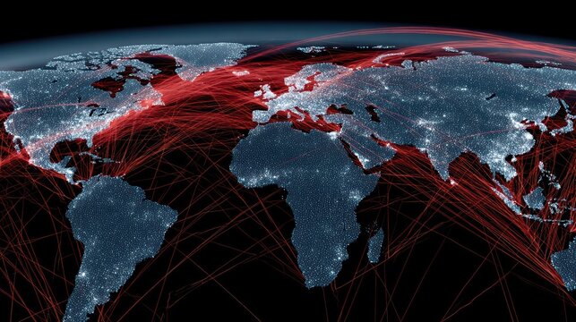 Ultra-realistic digital world map with red cyber attack lines and glowing nodes. Dramatic tech environment visualizes global cyberwarfare and interconnected data conflicts.