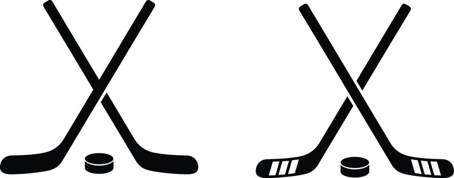 Black silhouette of crossed hockey sticks and pucks on a white background a flat vector illustration for sports design athletic black and white competition