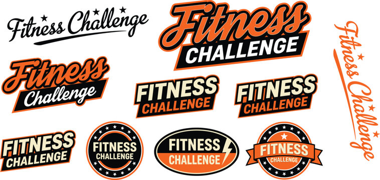 Fitness challenge logo variations with bold typography orange and black color scheme and star accents flat vector illustration active activity badge banner