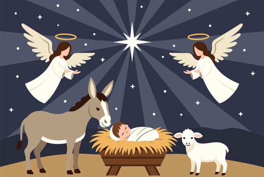 Christmas nativity scene showing baby Jesus in a manger with a donkey, a lamb, and two flying angels under a bright star.