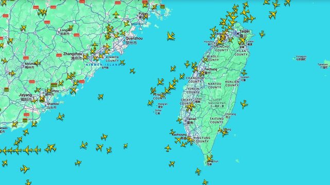 Air Traffic Between Taiwan and Mainland China Over Taiwan Strait, aviation map displaying aircraft routes across East Asia