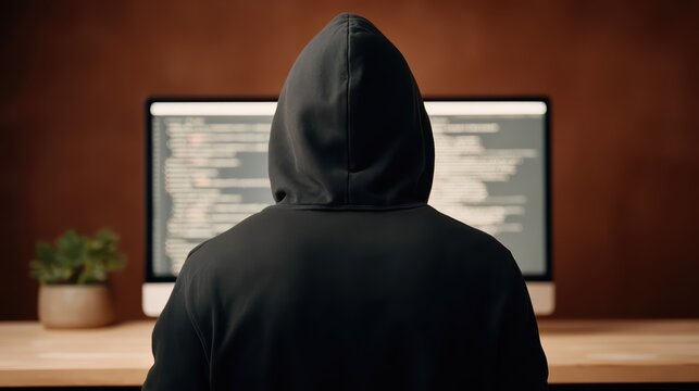 A hooded hacker faces a glowing computer screen filled with complex code. The dramatic lighting and mysterious ambiance highlight cybersecurity risks and digital threats.