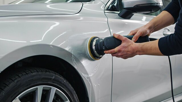Professional car polishing with electric buffer on white vehicle exterior