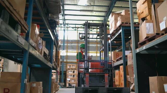 Industrial warehouse worker operating forklift loading and unloading cardboard box crates on steel shelves inside large storage facility with high ceiling and natural light