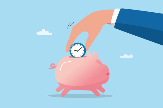 Save your time, business planning or outsourcing or hiring other people to do tedious work, productivity or efficiency, delegation concept, businessman hand put time clock into piggy bank saving.