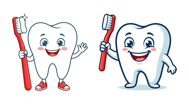 Cartoon tooth characters holding red toothbrushes vector illustration teeth dental