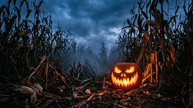 A glowing jack-o-lantern sits eerily amidst dry corn stalks and debris on a stormy night in a rural haunted landscape.