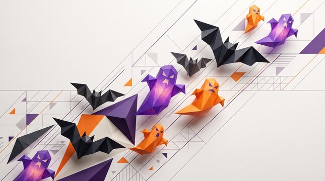 Origami ghosts and bats are flying in an illustration with geometric shapes and paper folding designs on a white background with orange accents.