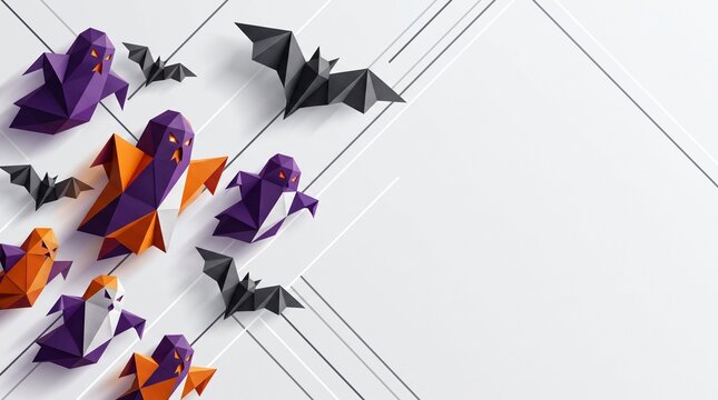 Origami ghosts and bats are flying together in a spooky scene