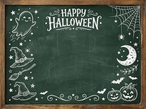 Halloween decorations adorn a chalkboard with ghost, witch hats, pumpkins, and spider web at night.