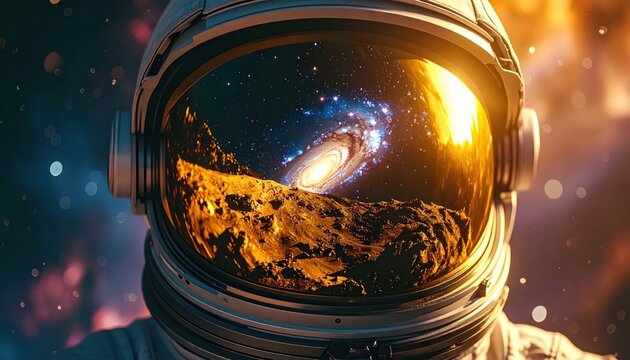 Astronaut's helmet reflecting a breathtaking galaxy vista and a rocky surface