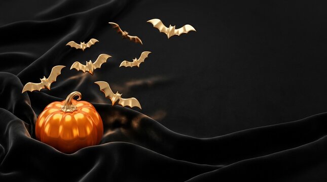 A glowing pumpkin sits on black fabric as bats fly around it in darkness.