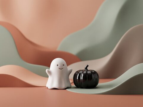 A smiling ghost and a black pumpkin on wavy paper landscape for Halloween