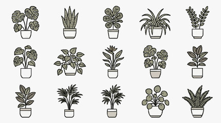 Clean Black and White Line Drawing Collection of 15 Potted Indoor Plants and Leafy Greenery with high quality professional line art symbols for modern creative design and digital branding projects © Kaku