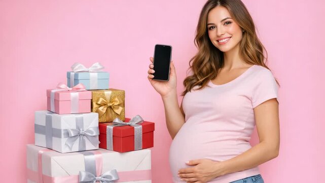 Pregnant woman smiles while holding smartphone. Stack of wrapped gifts beside her. Pink background enhances festive mood. She gently rests hand on belly. Bright, cheerful, and warm atmosphere