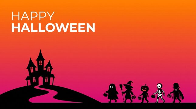 Halloween children walk towards a haunted castle on a hill at sunset