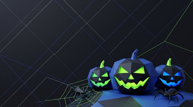 Halloween pumpkins and spiders create spooky typography art design on dark background