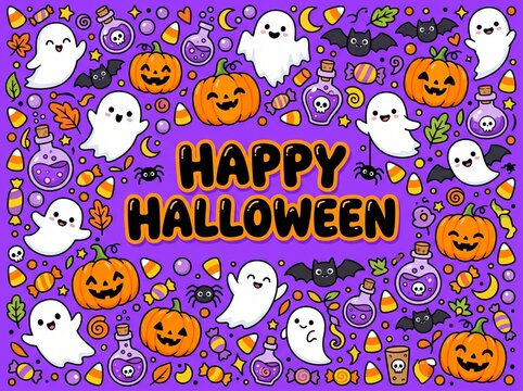 Halloween ghosts and pumpkins fill the spooky night with festive decorations