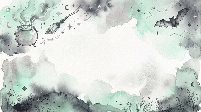 A ghost and bat appear on a mystical background with magic smoke and stars