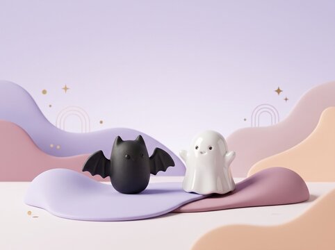 A black bat and white ghost figurine sit on purple and pink abstract shapes in a whimsical scene.