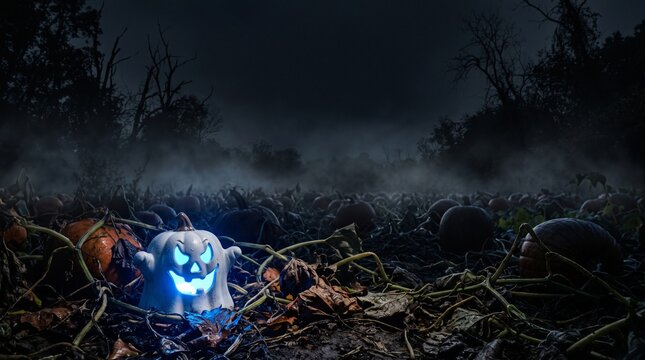 Abandoned asylum on a cliff at night with a glowing creature