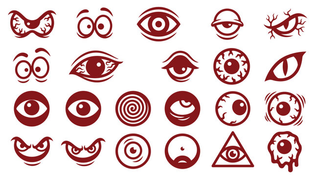 Cartoon scary monster eyeball icon set, funny and evil Halloween eye illustrations, editable stroke vector